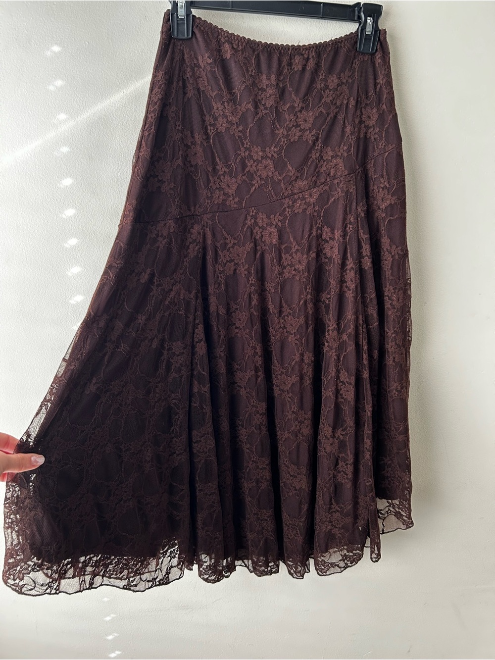 Whimsigoth Boho Cottagecore Eliana Rose Midi Flowy Lace Skirt Chocolate Brown S